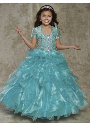 Beaded Organza Ruffle Sparkly Flower Girl Dress With Cape
